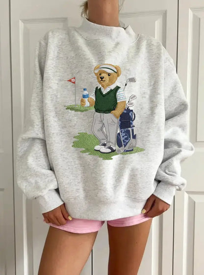 Teddy Bear Golf Embroidered Mockneck Sweatshirt