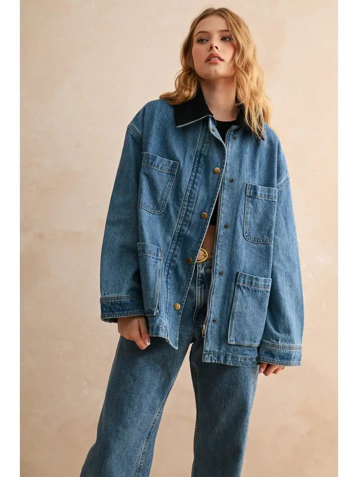 Corduroy Collar Denim Utility Jacket