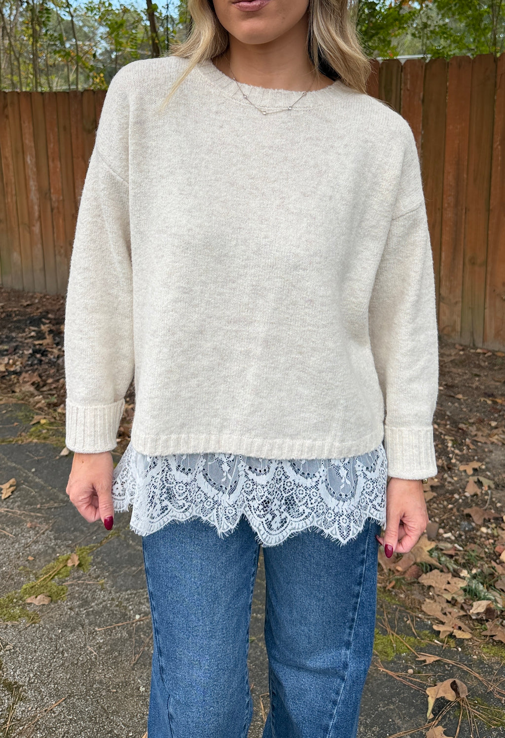 Crew Neck Lace Hem Sweater- Cream