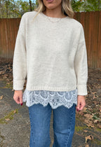 Crew Neck Lace Hem Sweater- Cream