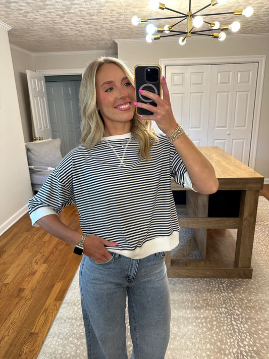 Rib Banded Short Sleeve Stripe Pullover- Navy