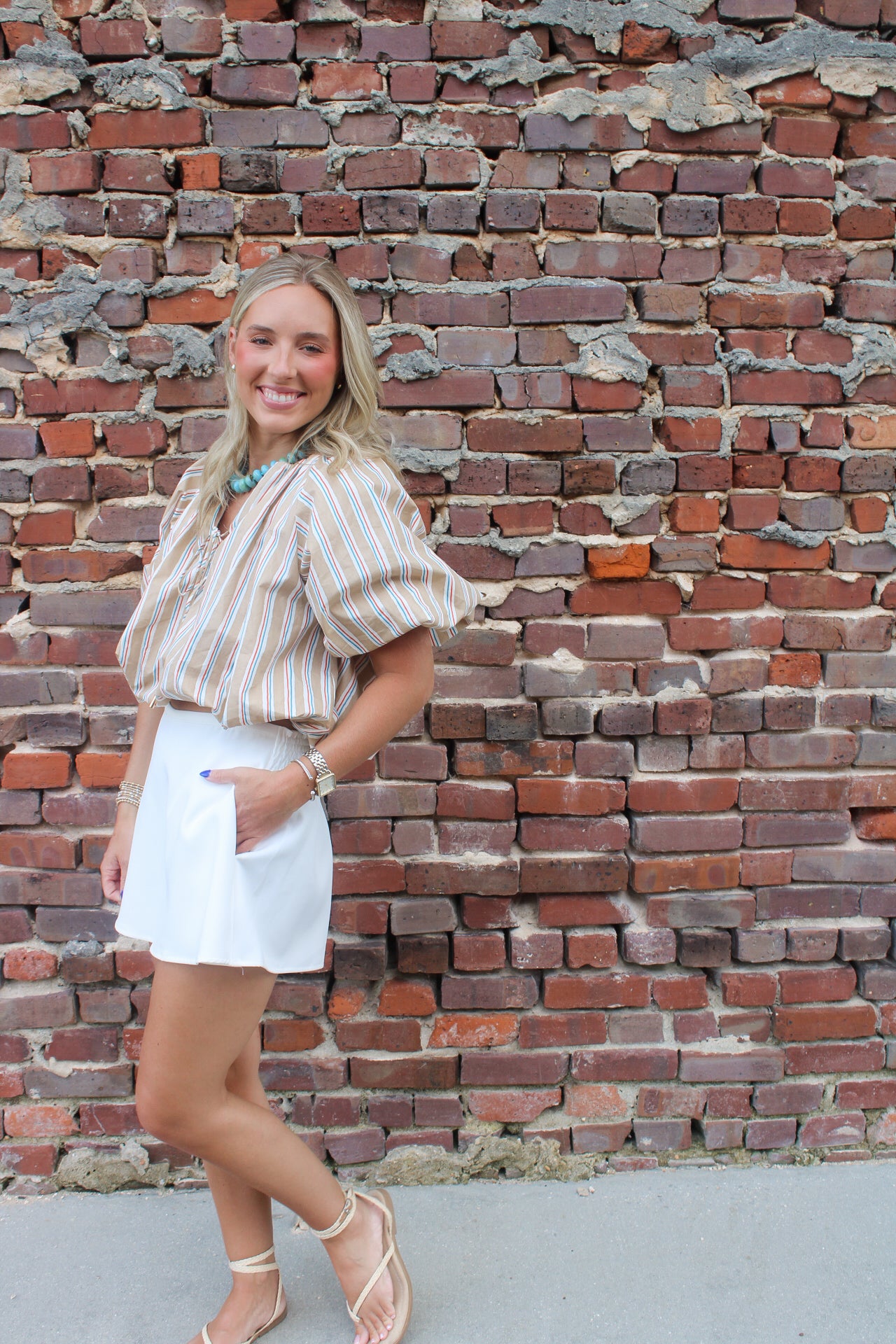 Harbor Stripe Bubble Top- Taupe