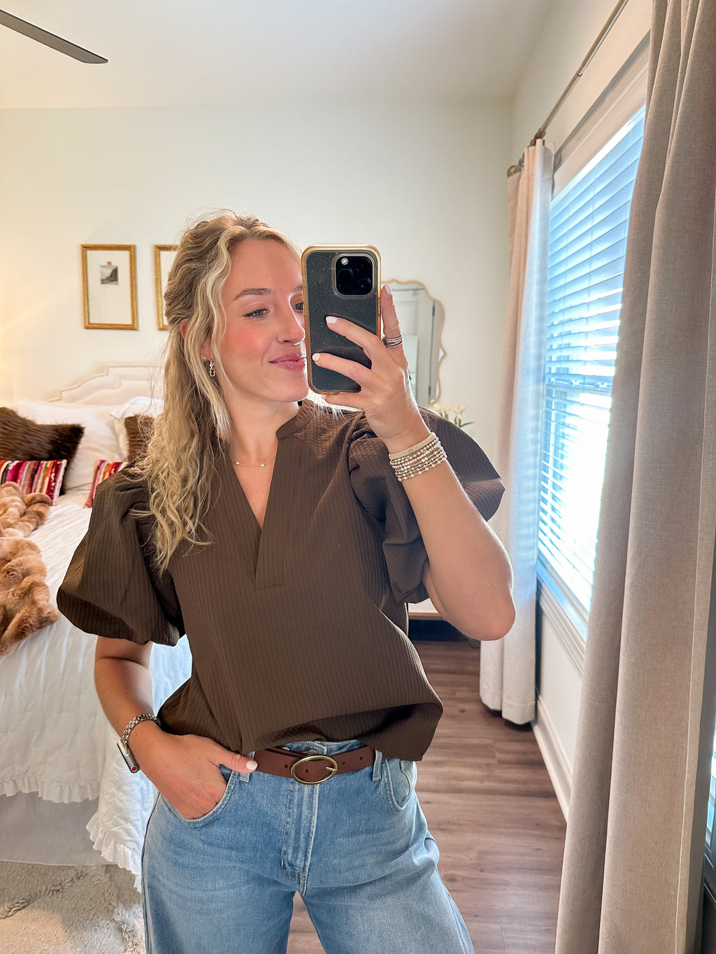 Goldie Puff Sleeve Top- Brown