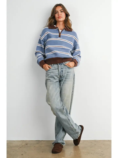 Retro Stripe Quarter-Zip Sweater- Brown/Blue