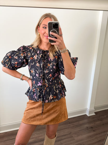 Camille Floral Top- Navy