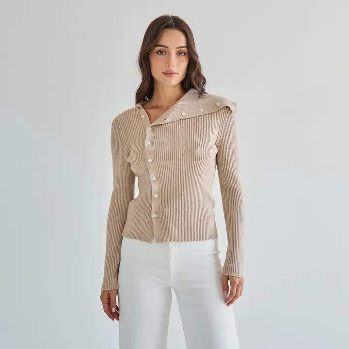 Asymmetrical Button Sweater- Sand