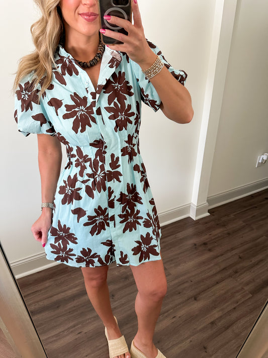 Avena Floral Mini Dress- Blue/Brown