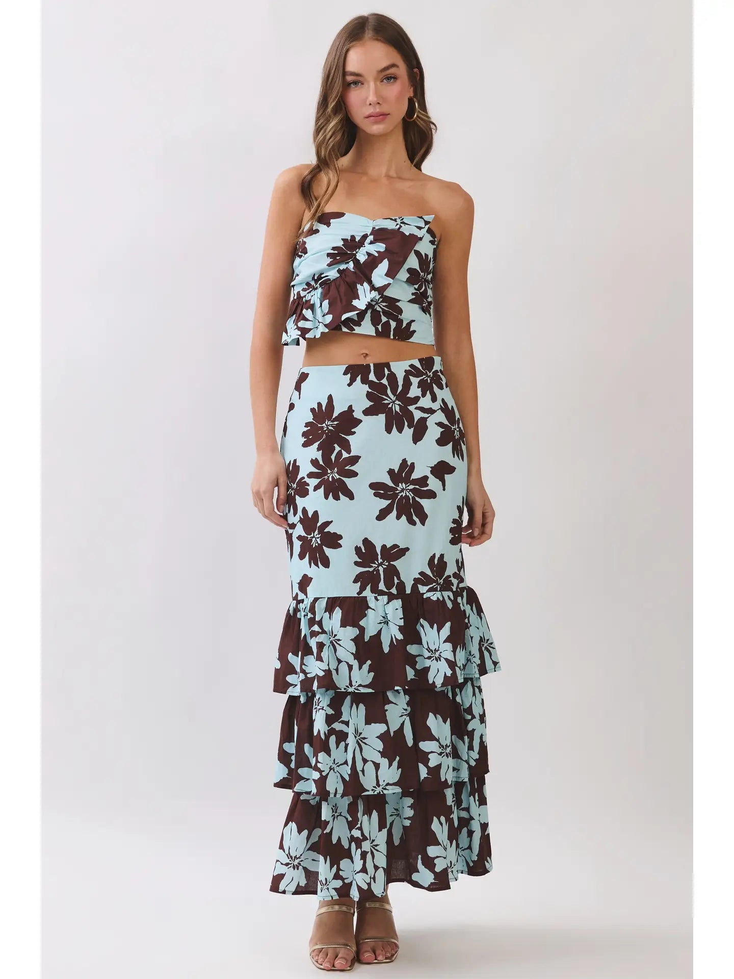 Avena Floral Skirt Set- Blue/Brown