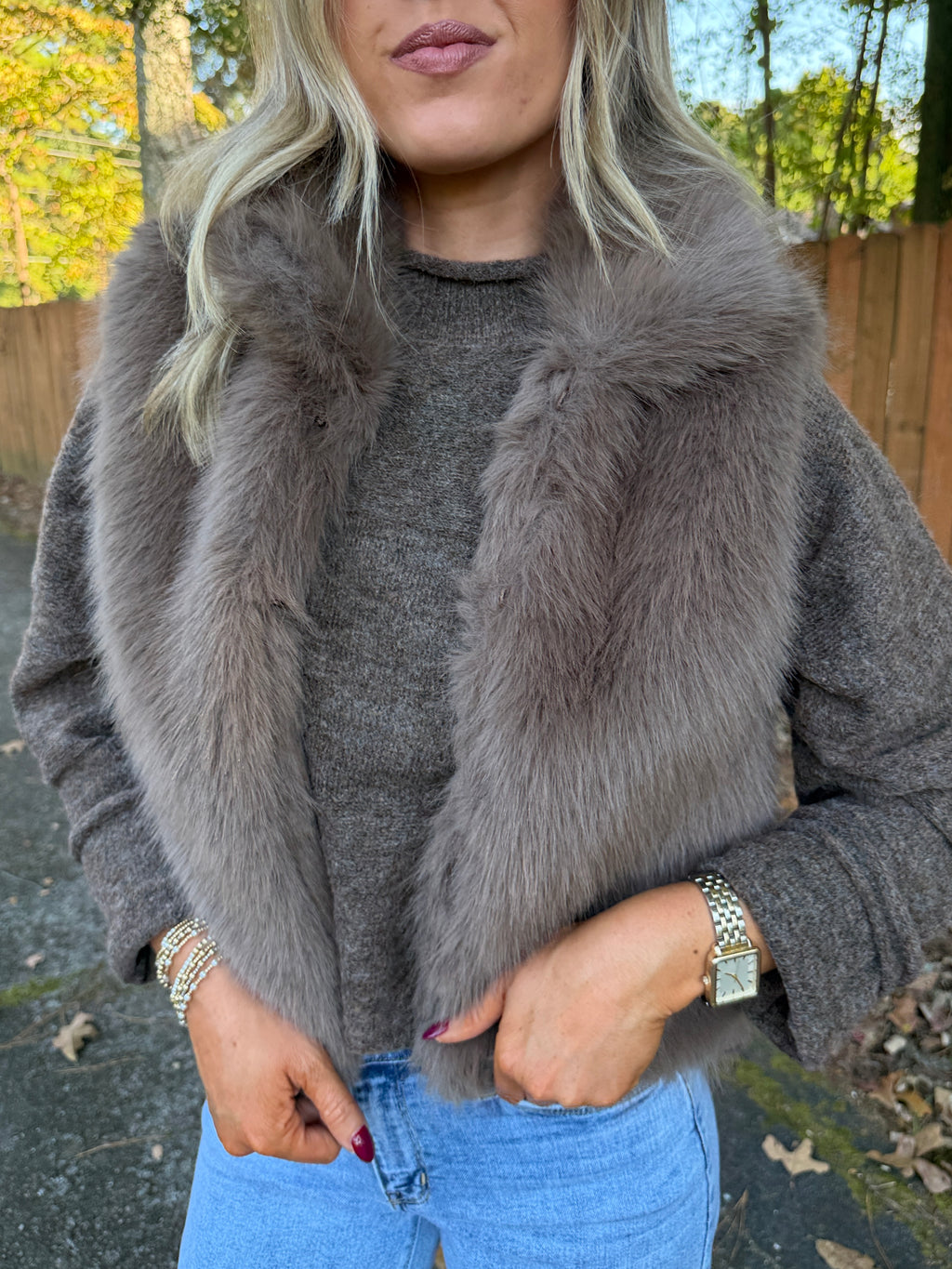 Maya Faux Fur Zip-Up Vest- Brown