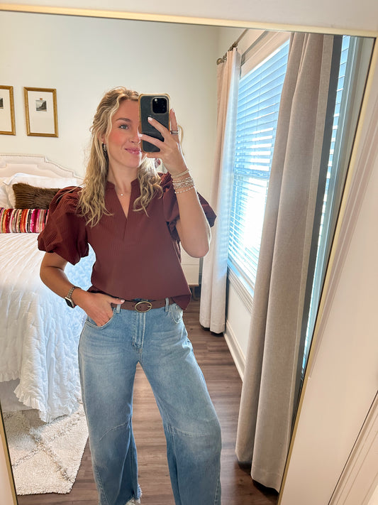 Goldie Puff Sleeve Top-Rust