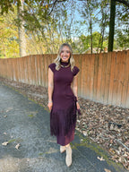 Fringe Faux Wrap Dress- Burgundy