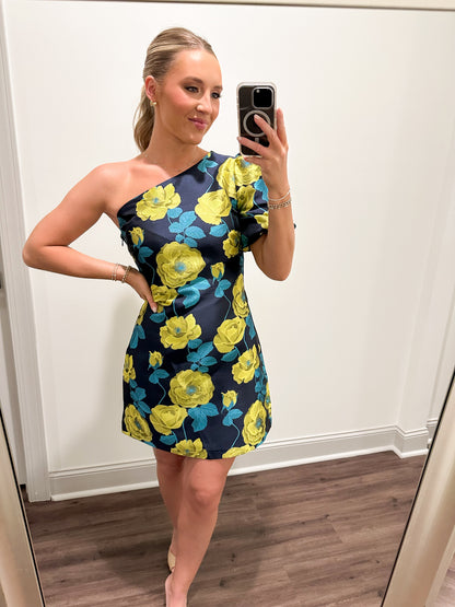 Astoria One Shoulder Mini Dress- Navy/Lime