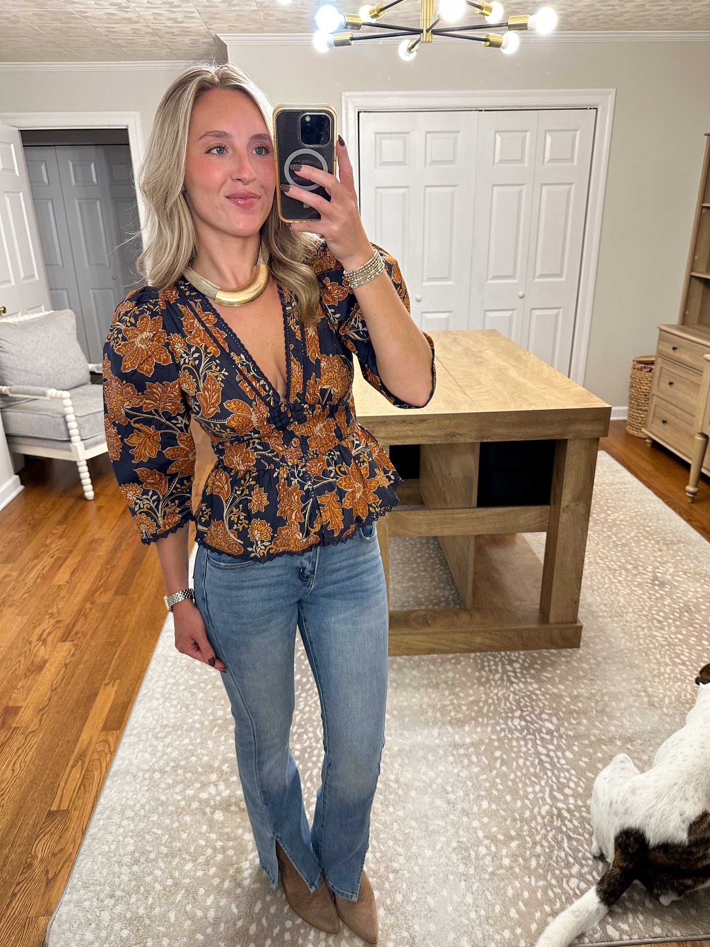 Maje Peplum Blouse- Navy/Orange