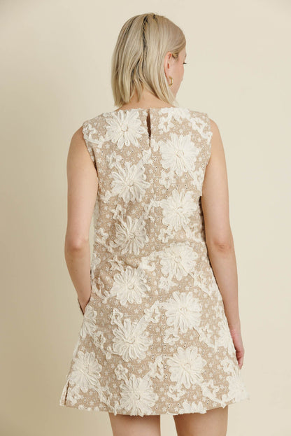 Mavis Embroidered Mini Dress- Tan