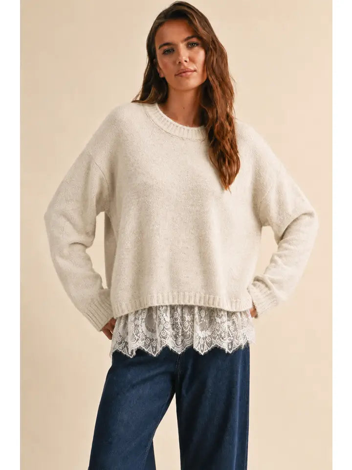 Crew Neck Lace Hem Sweater- Cream