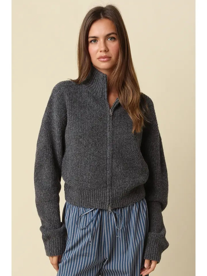 Halen Zip-Up Mock Neck Cardigan- Charcoal