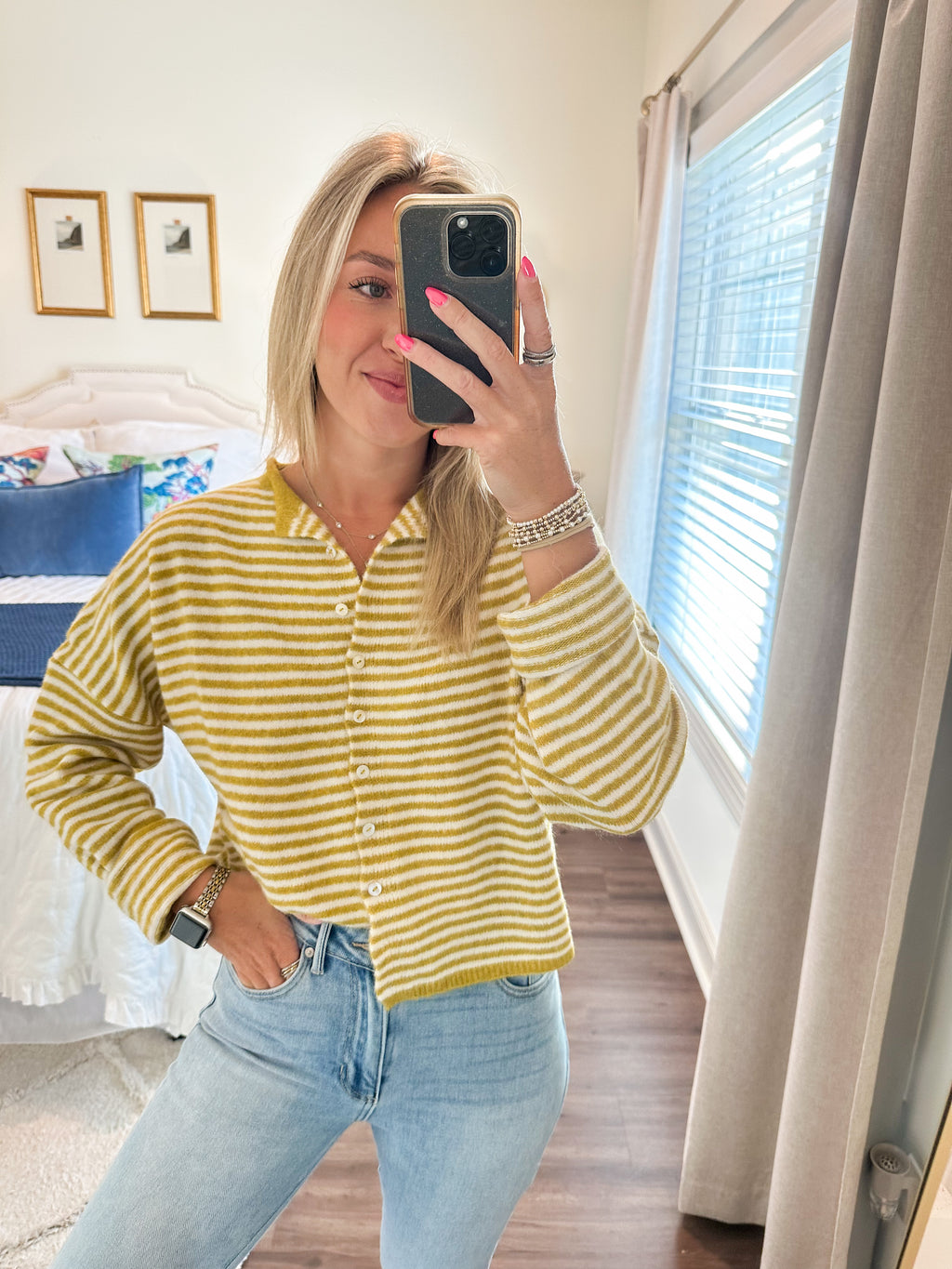 Piper Cardigan- Mini Stripe Dijon Yellow