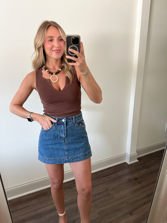 Coco Notch Neck Ribbed Tank- Brown