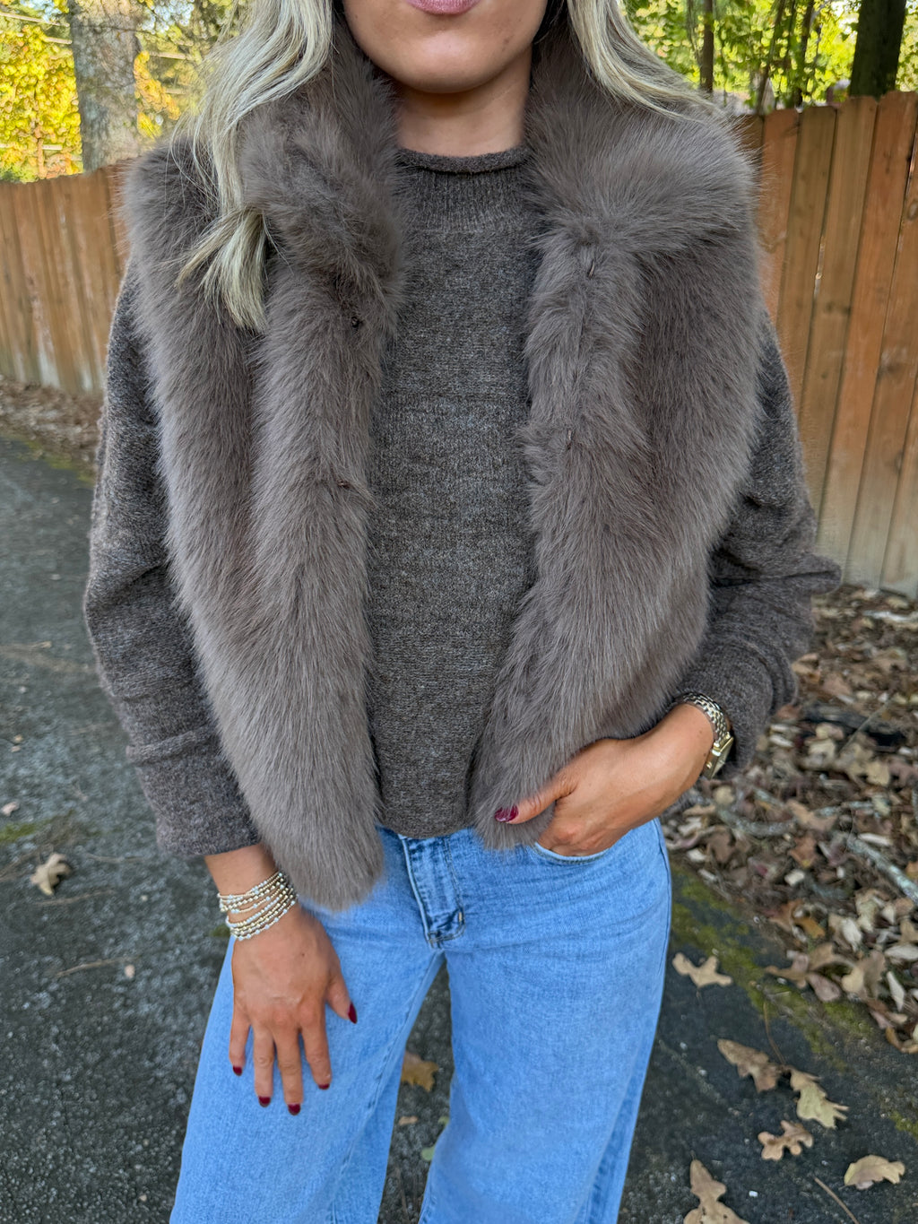 Maya Faux Fur Zip-Up Vest- Brown
