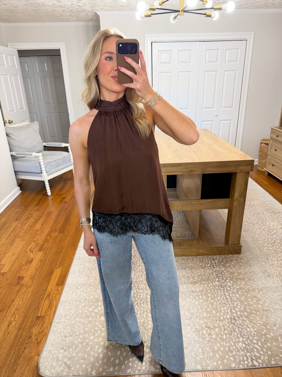 Rosemary Lace Hem Top- Chocolate