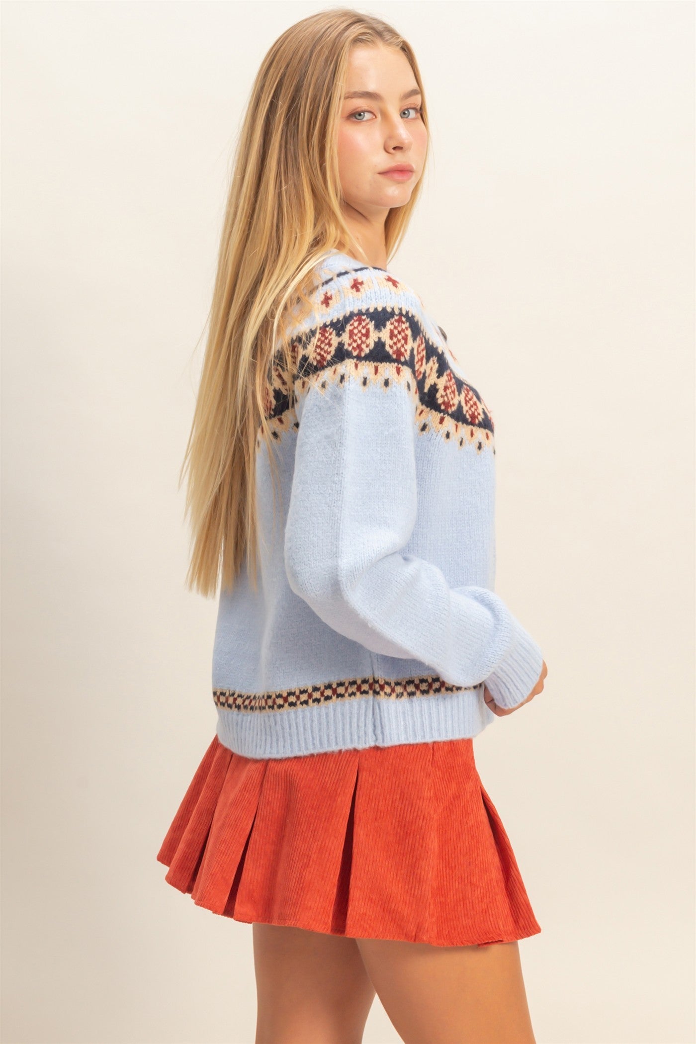 Alyssa Fair Isle Cardigan- Light Blue