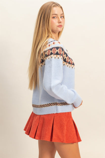 Alyssa Fair Isle Cardigan- Light Blue