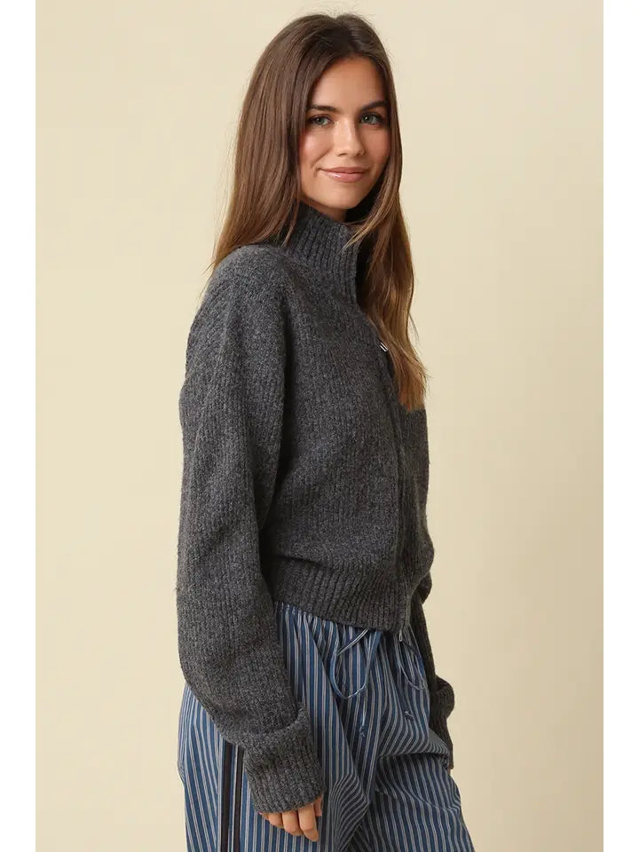 Halen Zip-Up Mock Neck Cardigan- Charcoal