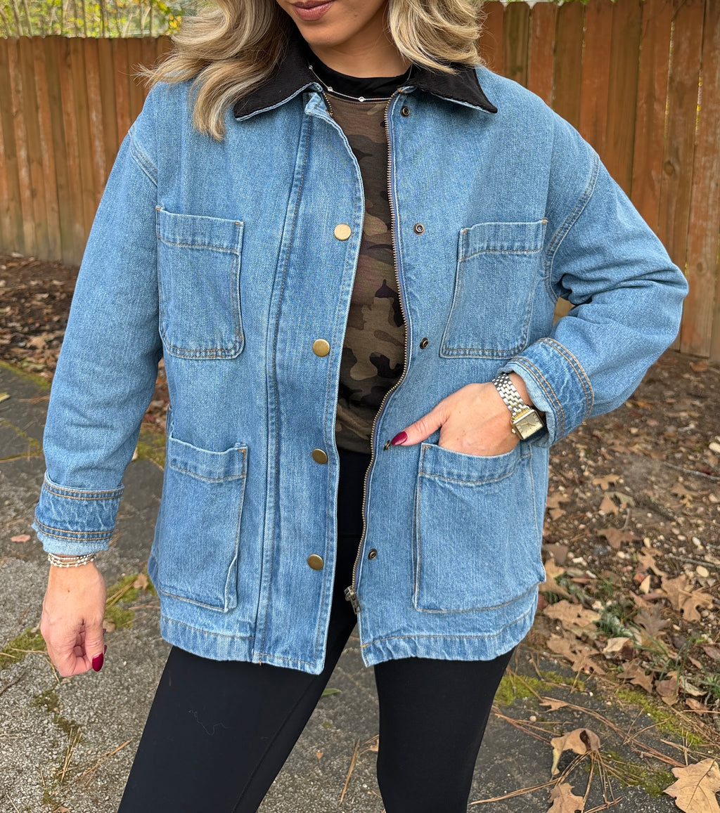 Corduroy Collar Denim Utility Jacket