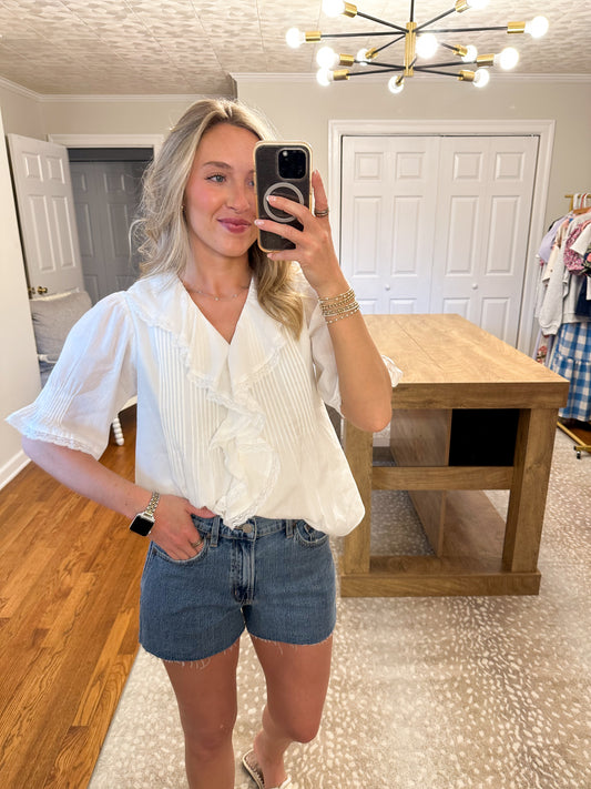 Cascading Ruffle Front Top- White