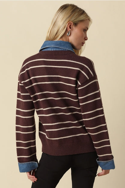 Sofia Stripe Collared Sweater- Brown