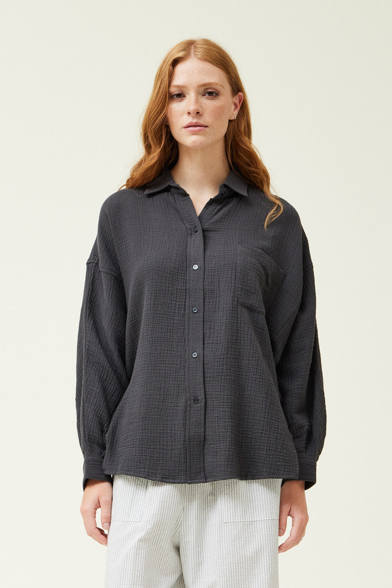 Gauze Button Up Shirt- Charcoal