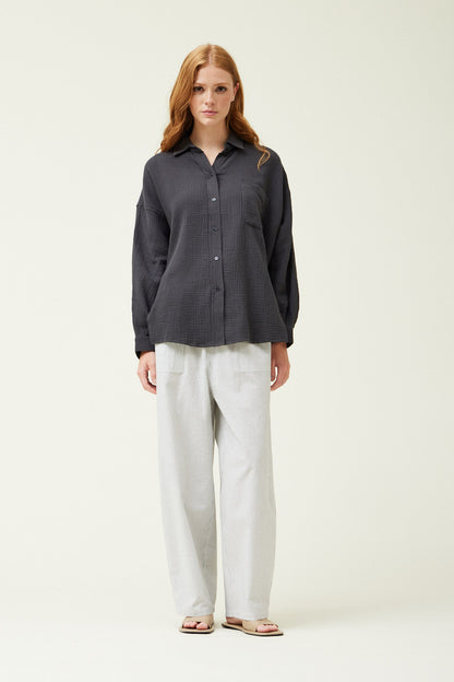 Gauze Button Up Shirt- Charcoal