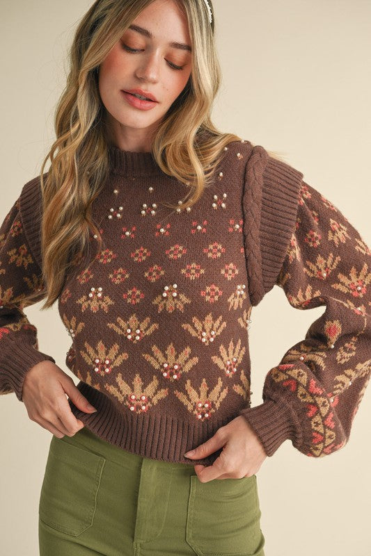 Pearl Embellished Sweater- Brown