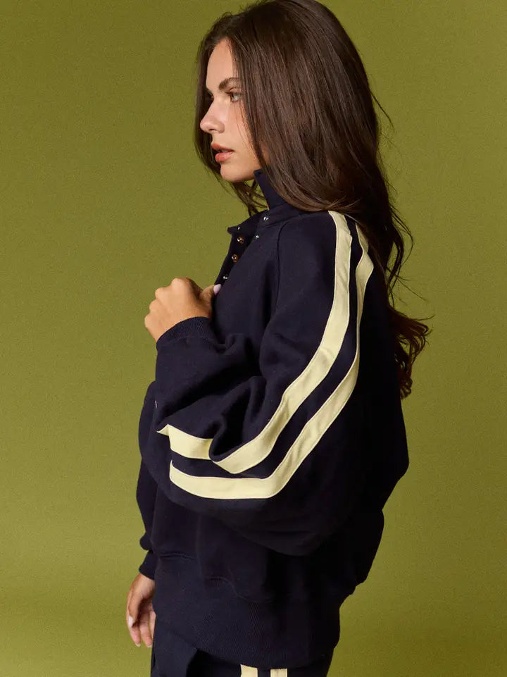 Snap Collar Varsity Sweatshirt- Navy/Yellow