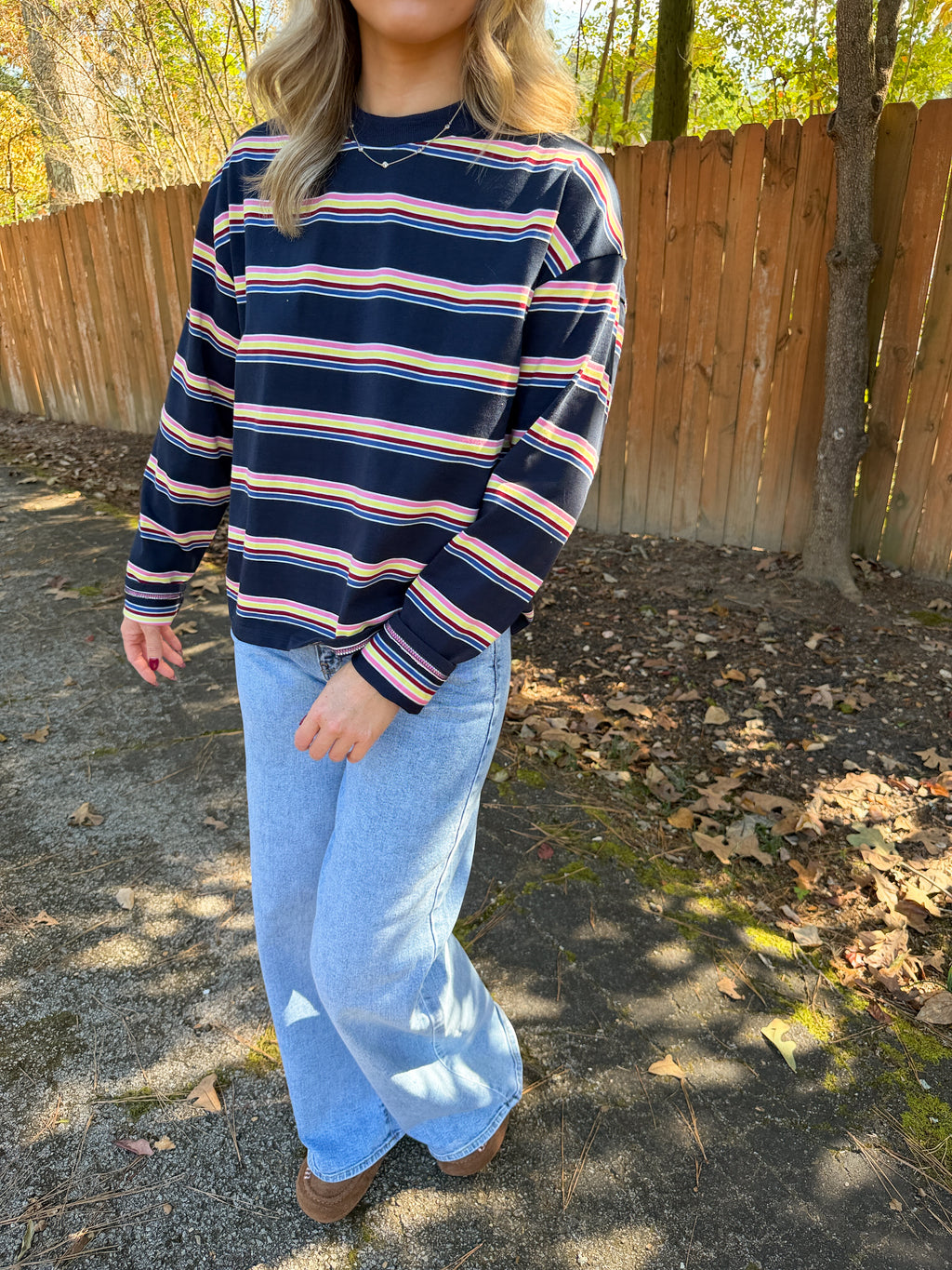 Multi Striped Crew Neck Top- Navy