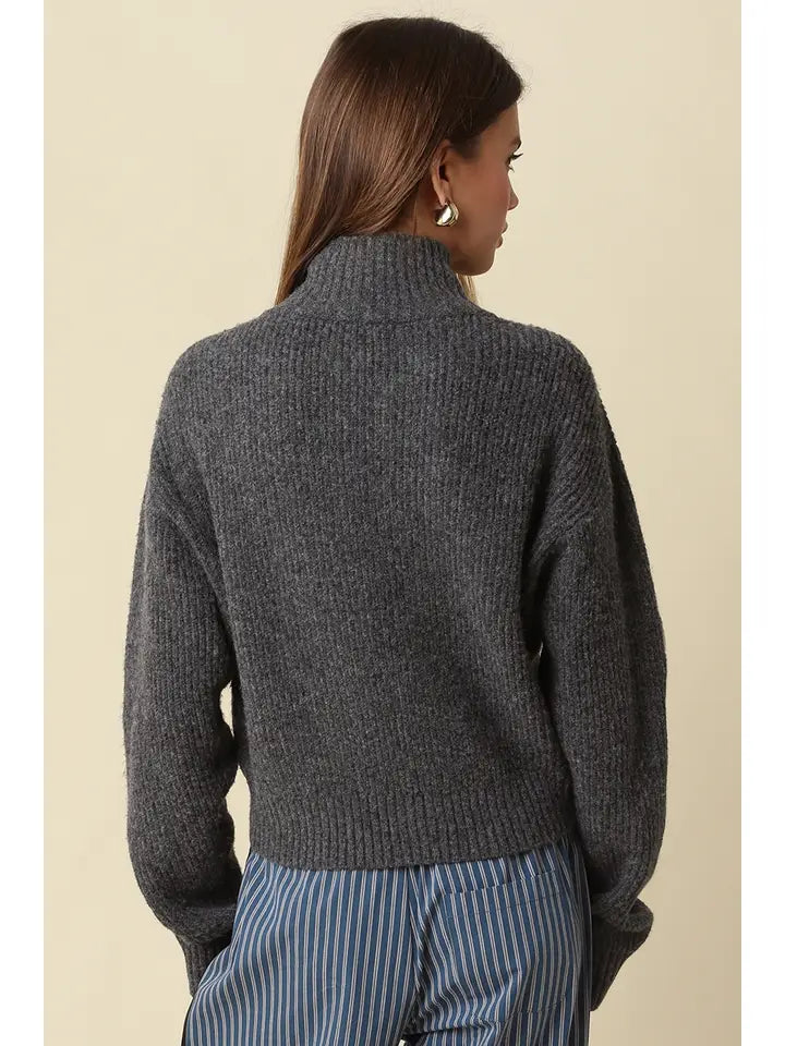 Halen Zip-Up Mock Neck Cardigan- Charcoal