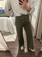 Straight Wide Leg Denim- Dark Olive