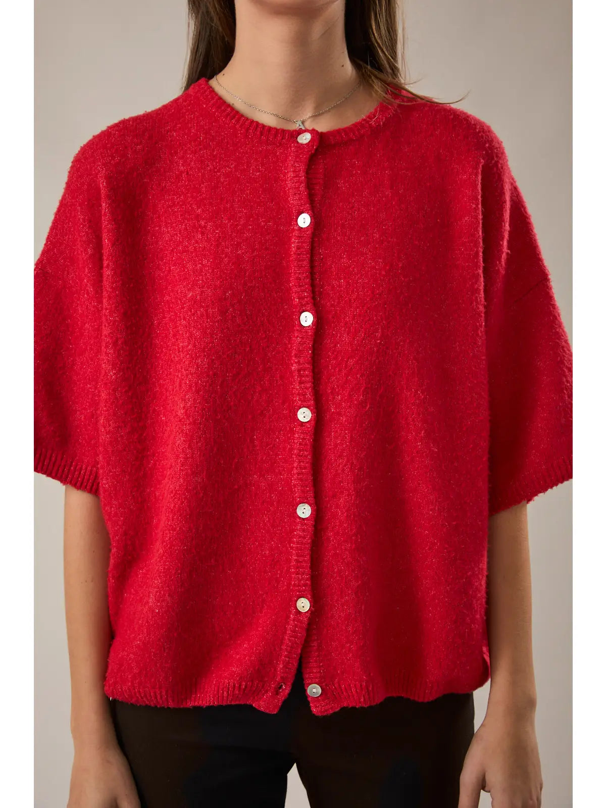 Short Sleeve Crew Neck Sweater Cardigan- Red