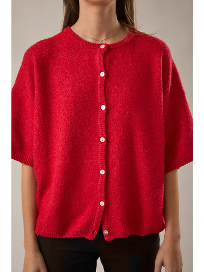 Short Sleeve Crew Neck Sweater Cardigan- Red