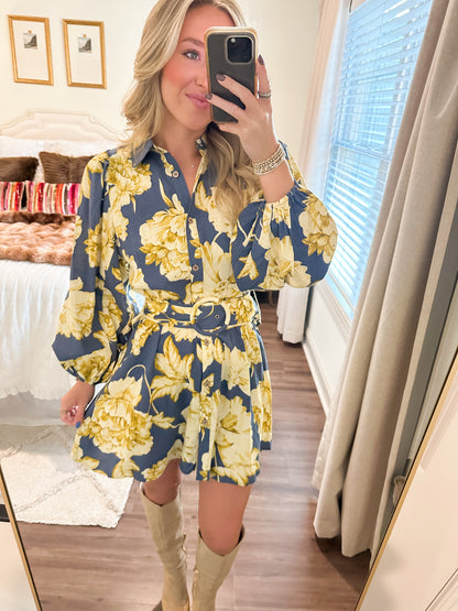 Eve Floral Belt Dress- Blue/Yellow