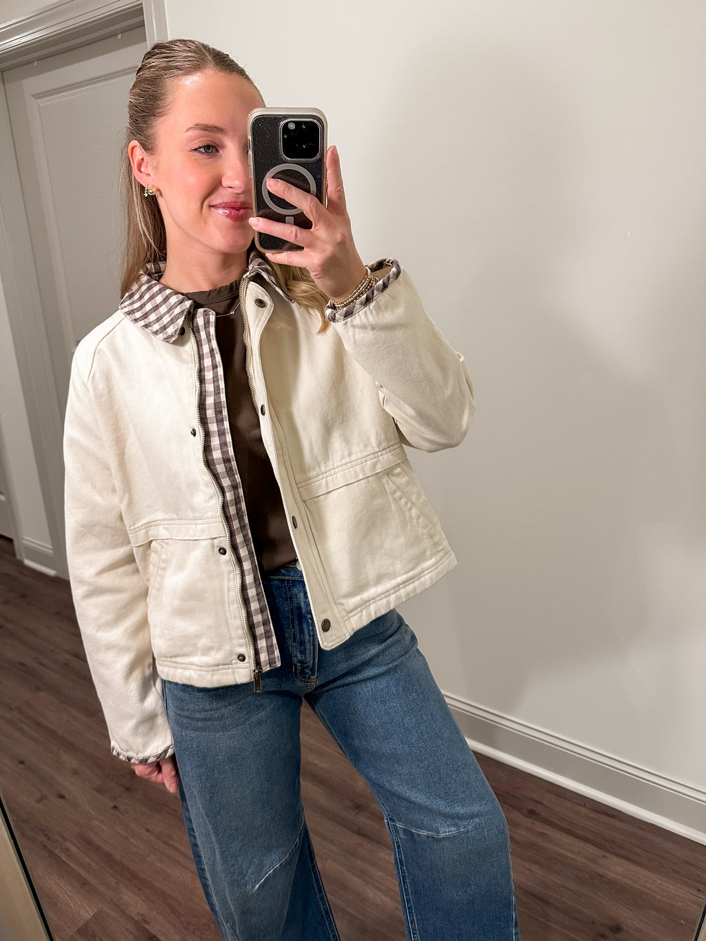 Ella Plaid Detail Jacket- Ecru
