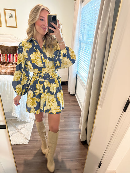 Eve Floral Belt Dress- Blue/Yellow