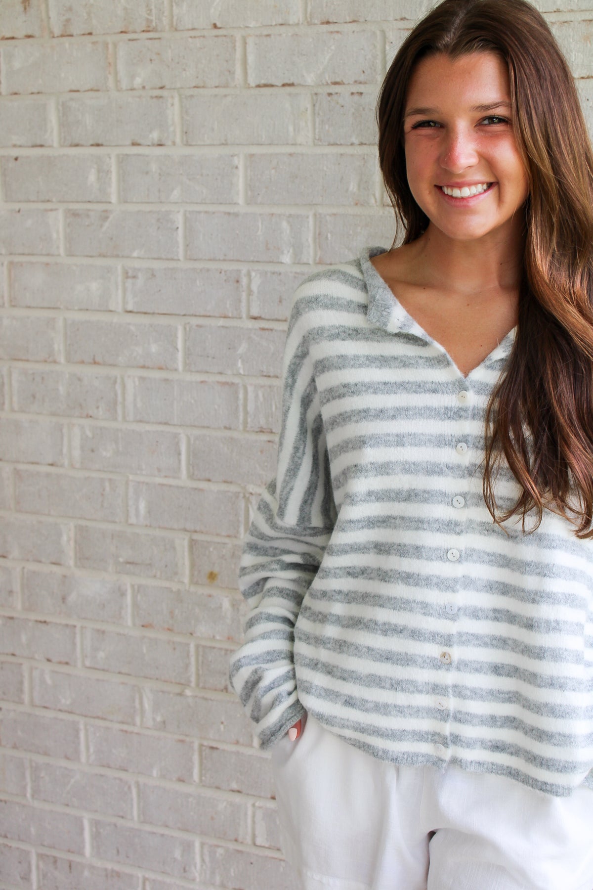 Piper Striped Cardigan- Grey/White