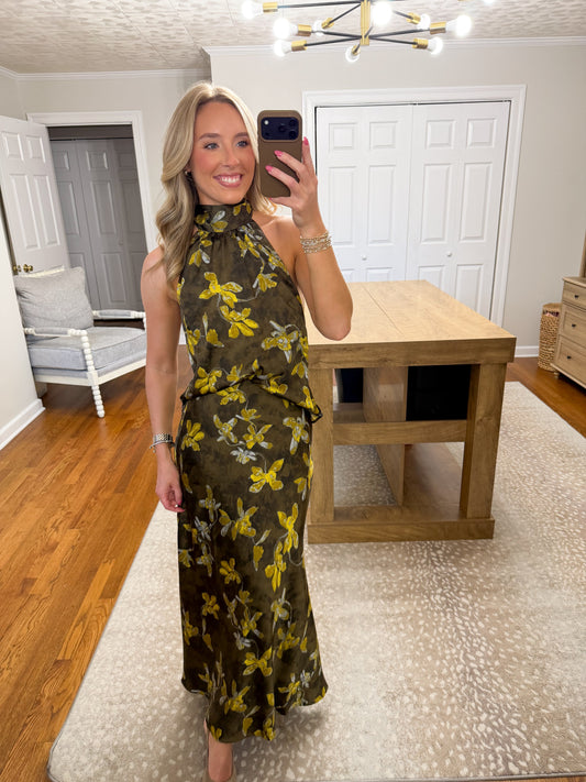 Halter Satin Floral Maxi Skirt Set- Olive/Mustard