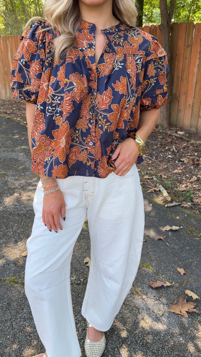 Zoey Floral Top- Navy/Rust