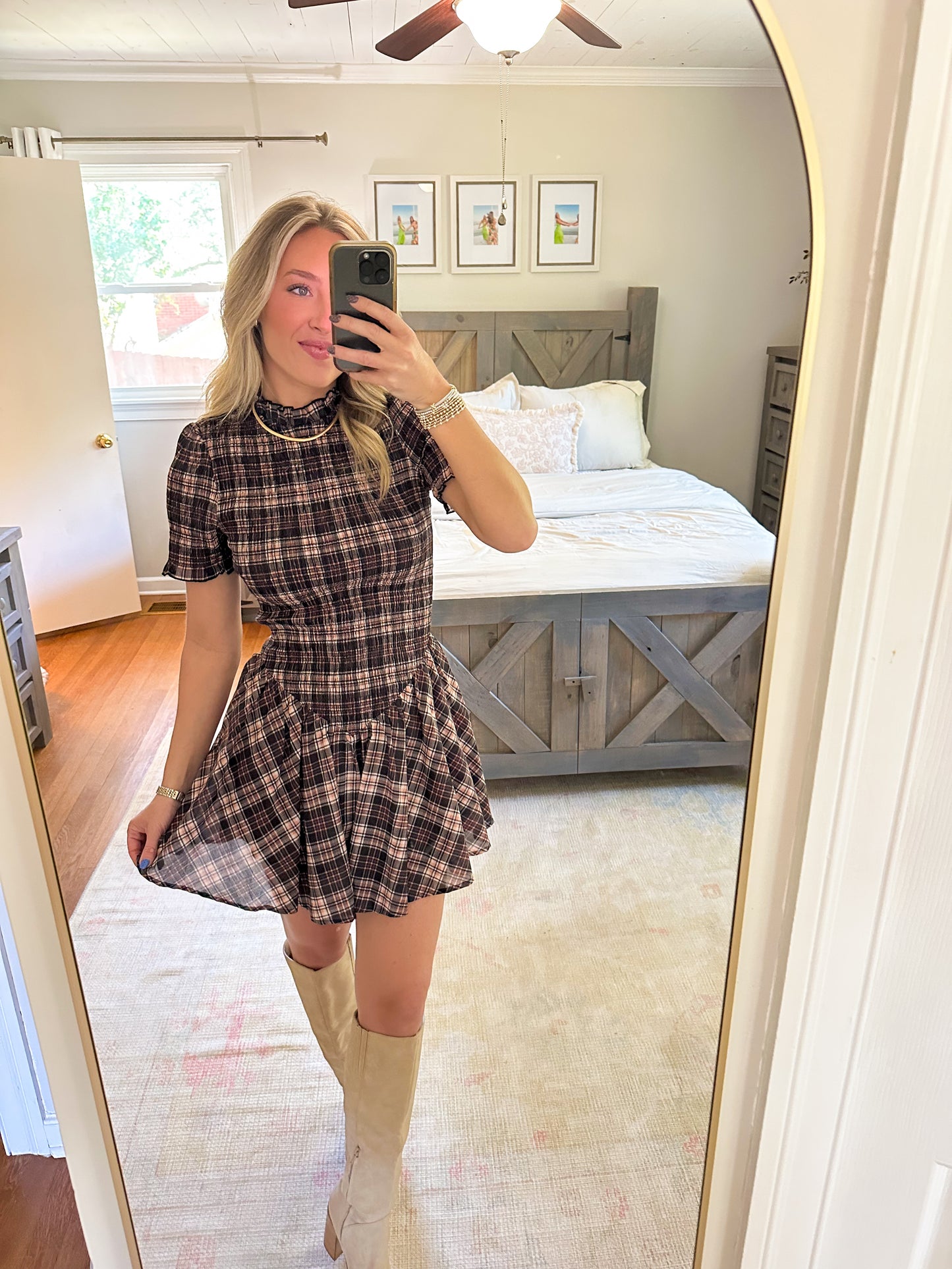 Asia Plaid Smocked Mini Dress