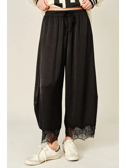 Lace Trim Satin Drawstring Barrel Pants- Black