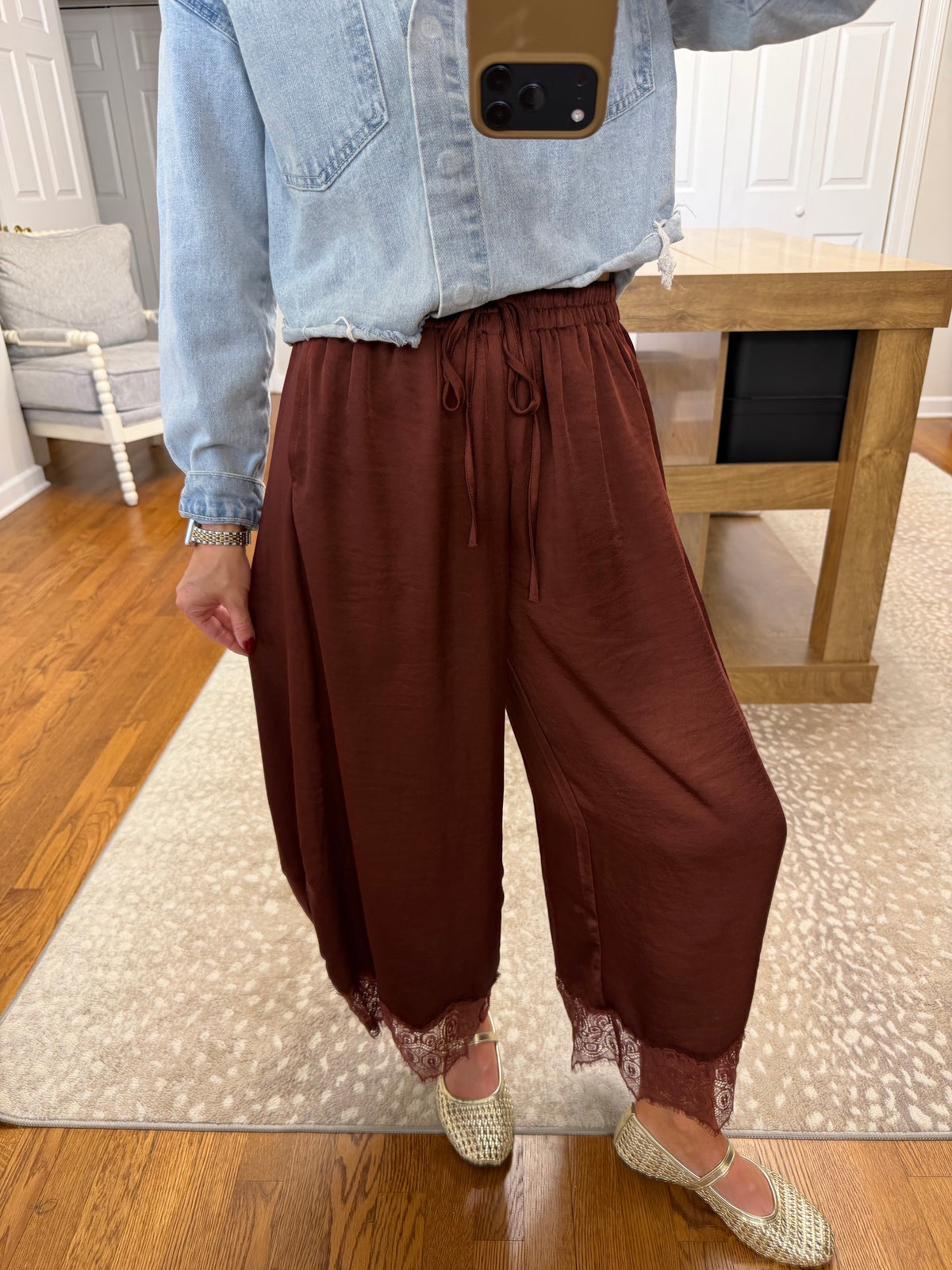 Lace Trim Satin Drawstring Barrel Pants- Rust