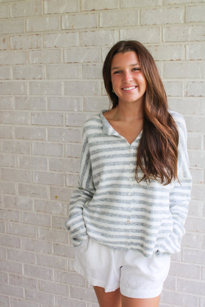 Piper Striped Cardigan- Grey/White