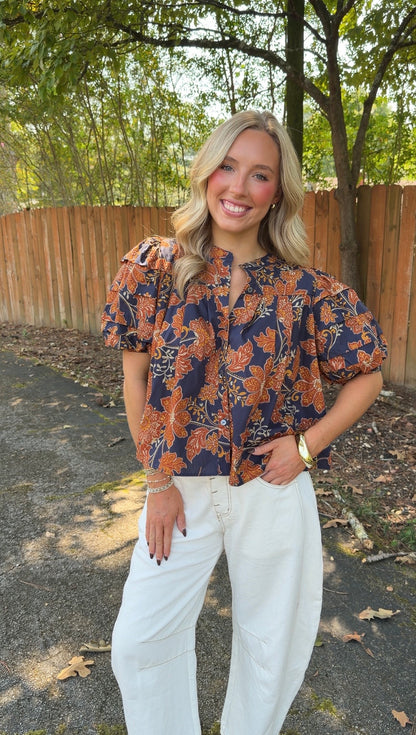 Zoey Floral Top- Navy/Rust